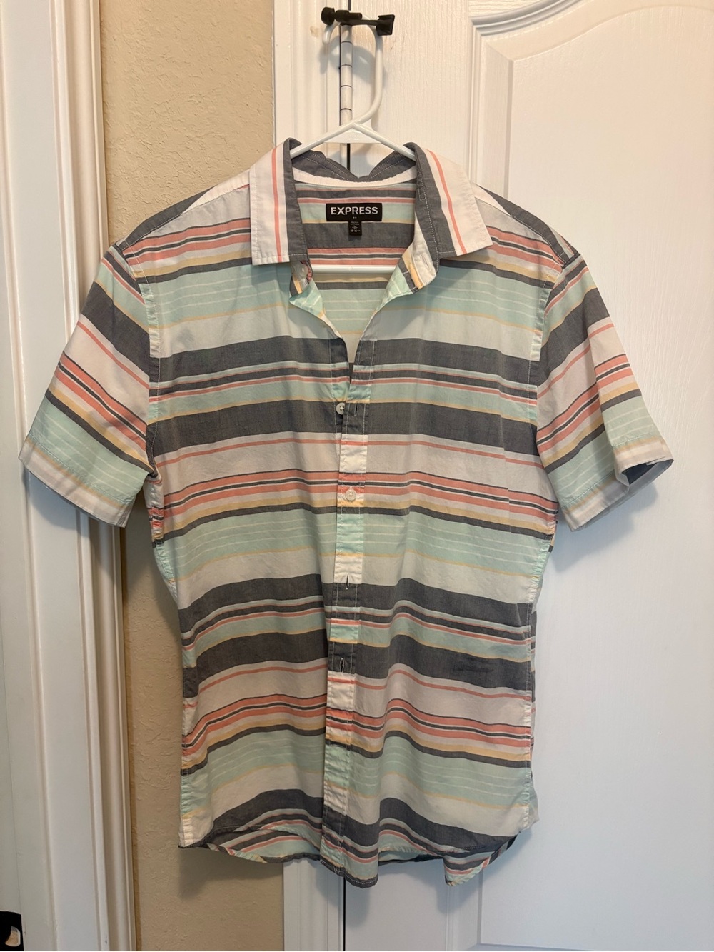 Express Men's Short Sleeve Striped Button-Up Shirt - Mint, Gray, Coral, White